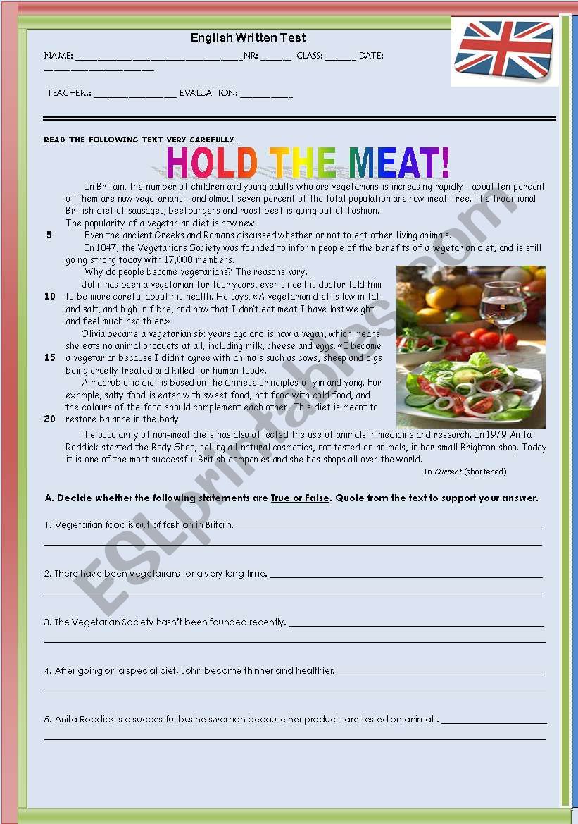 Test Hold the Meat worksheet