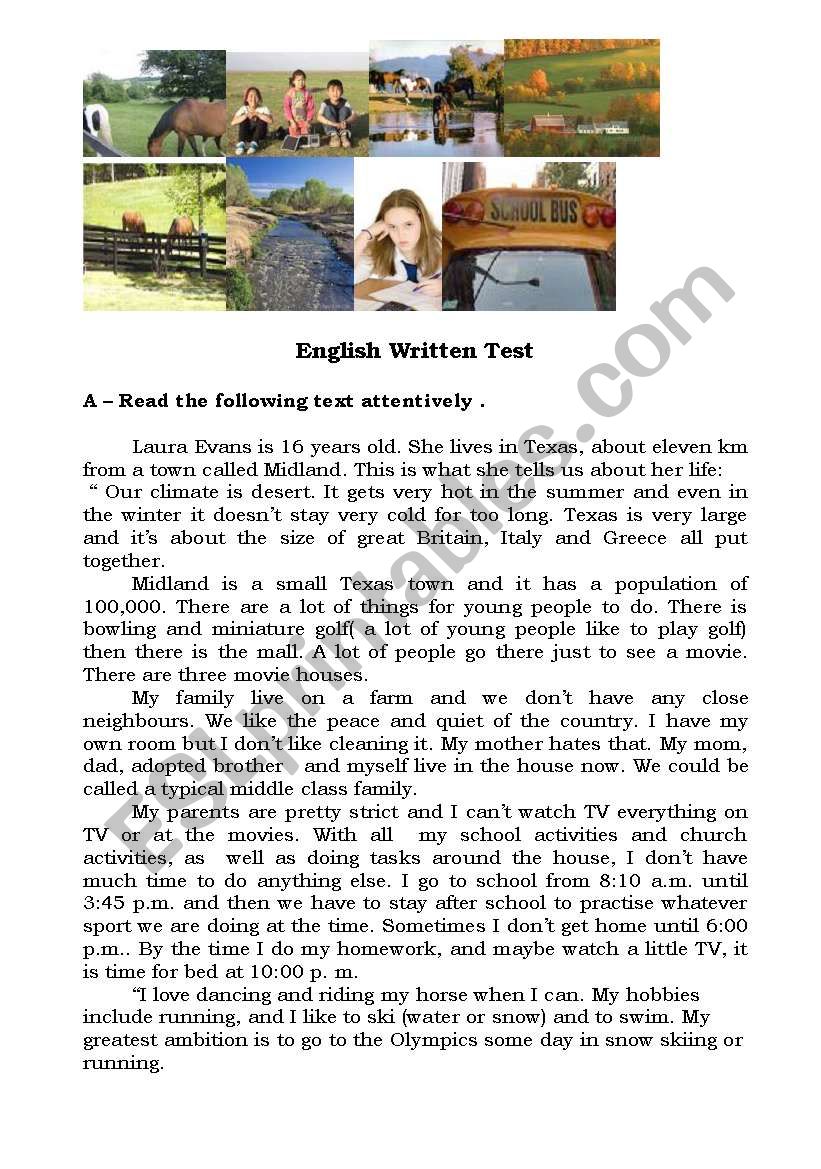 A  Day in my life - test/worksheet