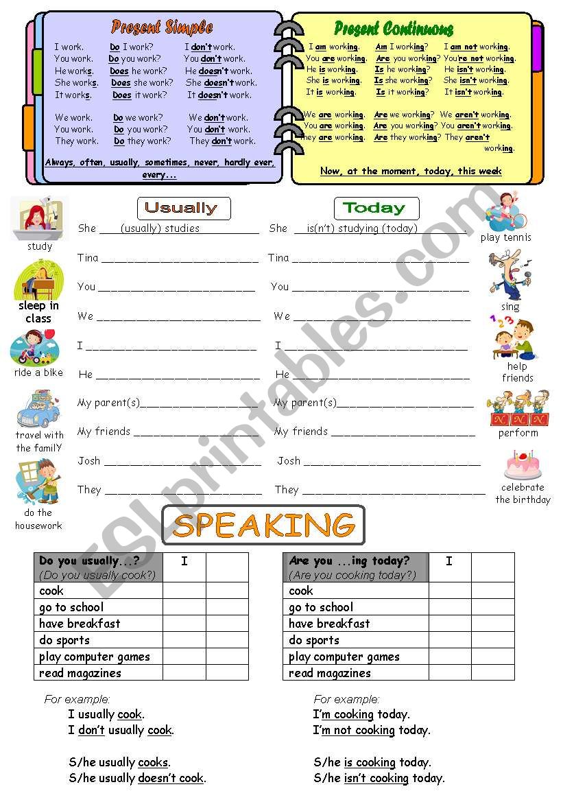 Present Simple and present continuous rules, practice, speaking