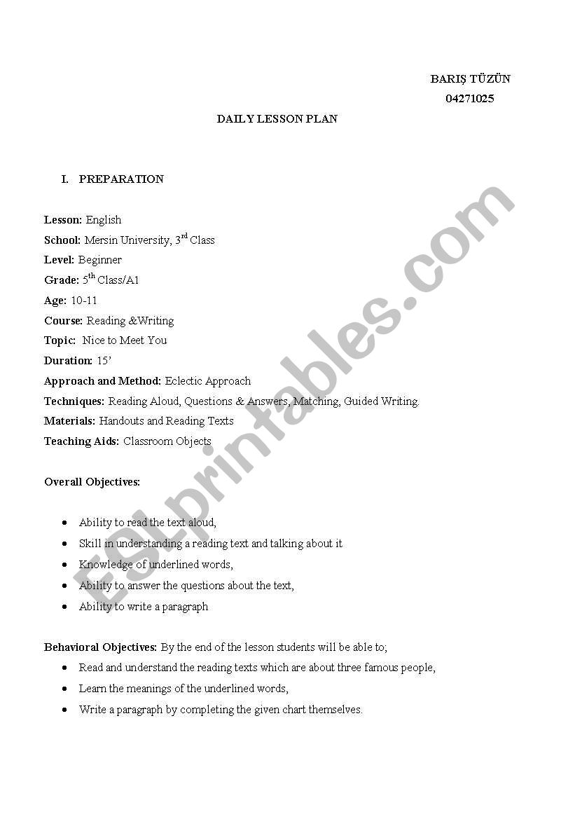 lesson plan /nice to meet you worksheet