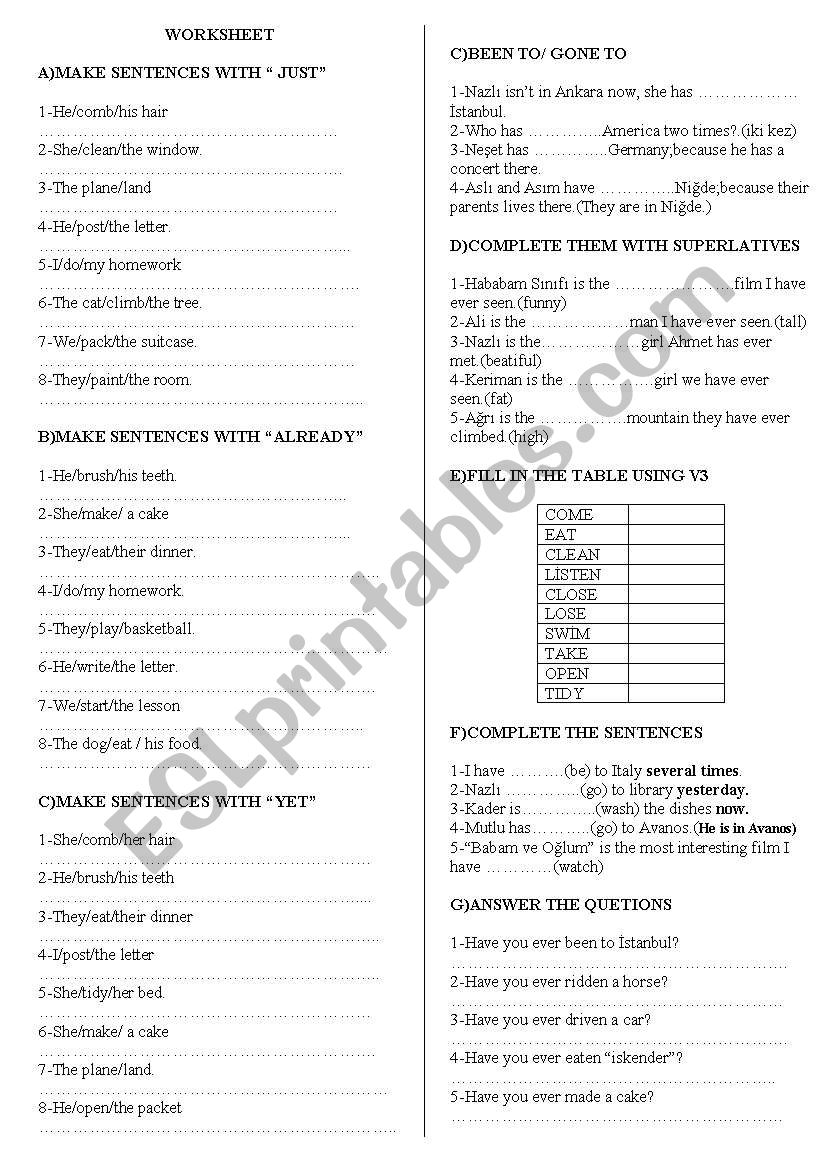 just already yet verb 3 worksheet