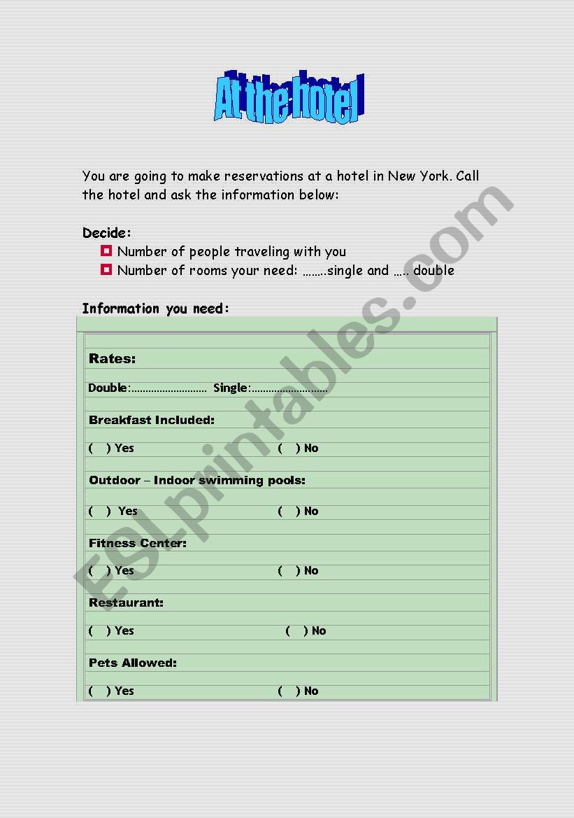 At the hotel worksheet