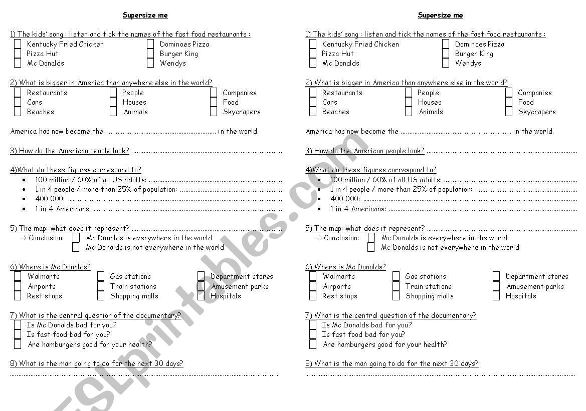 SUPERSIZE ME worksheet