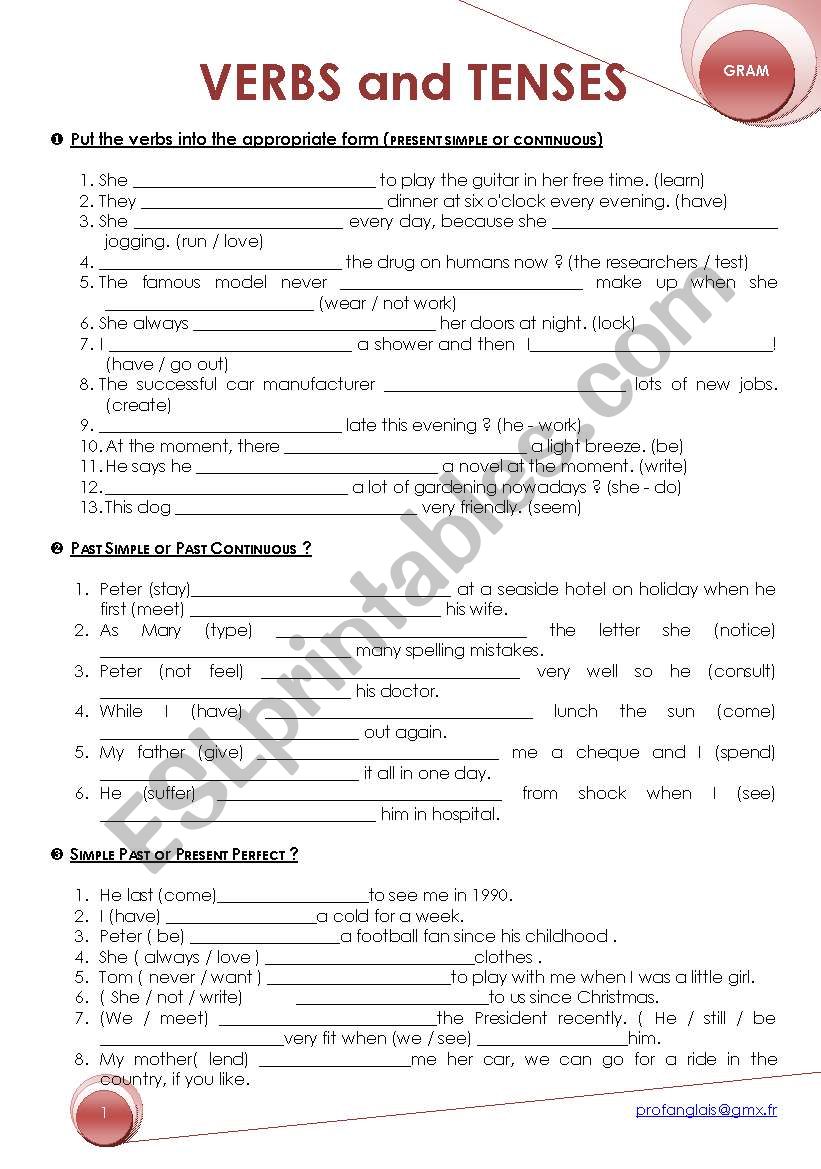 EXERCISES ON THE MAIN TENSES worksheet