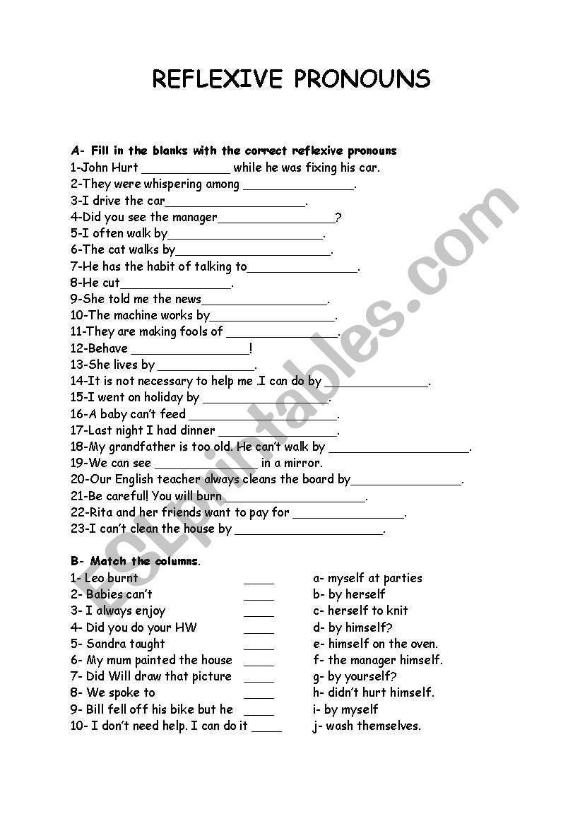 reflexive pronouns worksheet