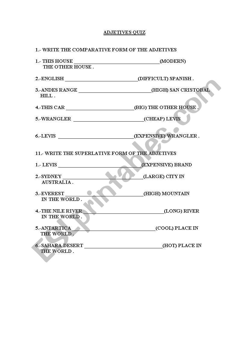 adjetives quiz worksheet