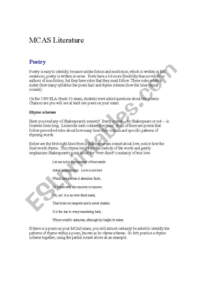 MCAS - Poetry and Literature worksheet