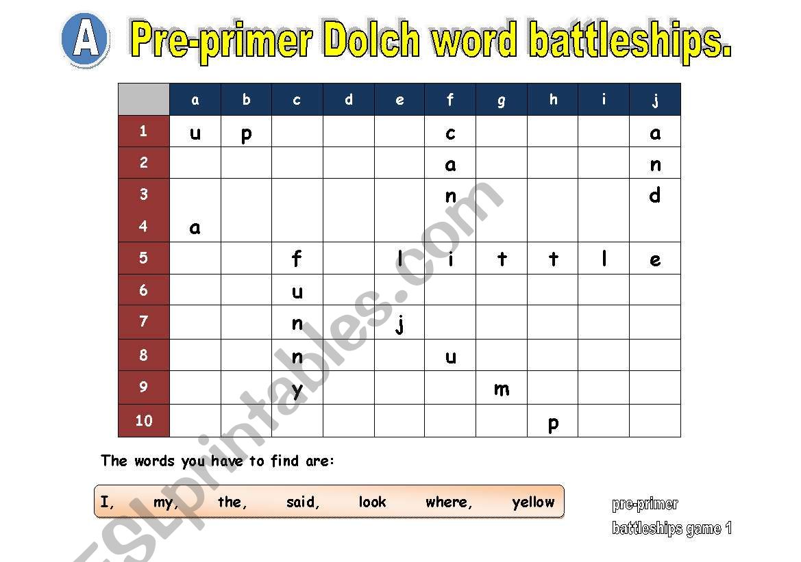 pre-primer dolch word battleships