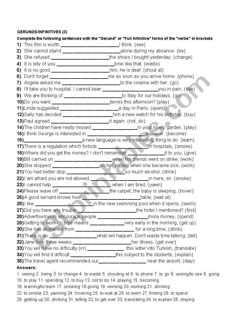 gerund worksheet 3 worksheet