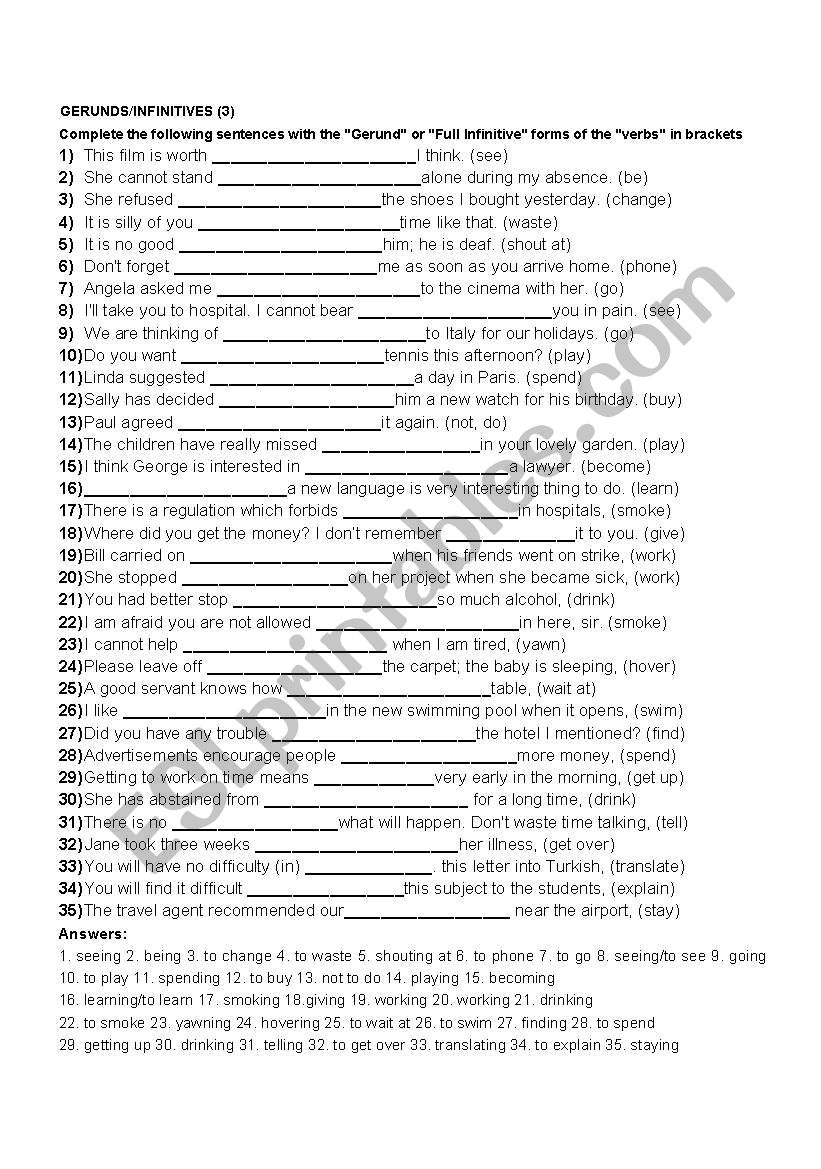 gerund worksheet 3 worksheet