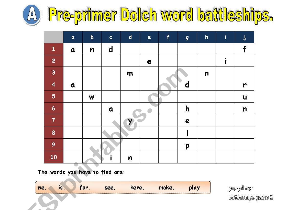 pre-primer dolch word battleships 2
