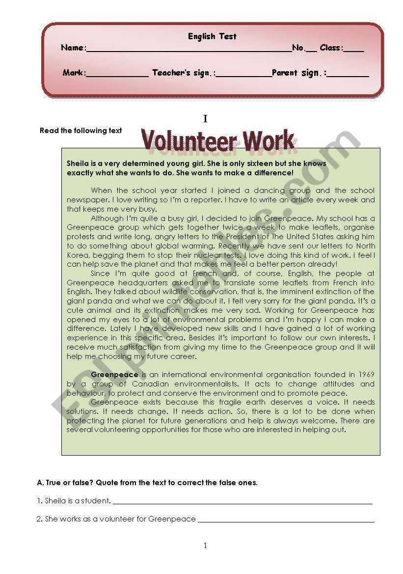 written test (4 pages) about volunteer work