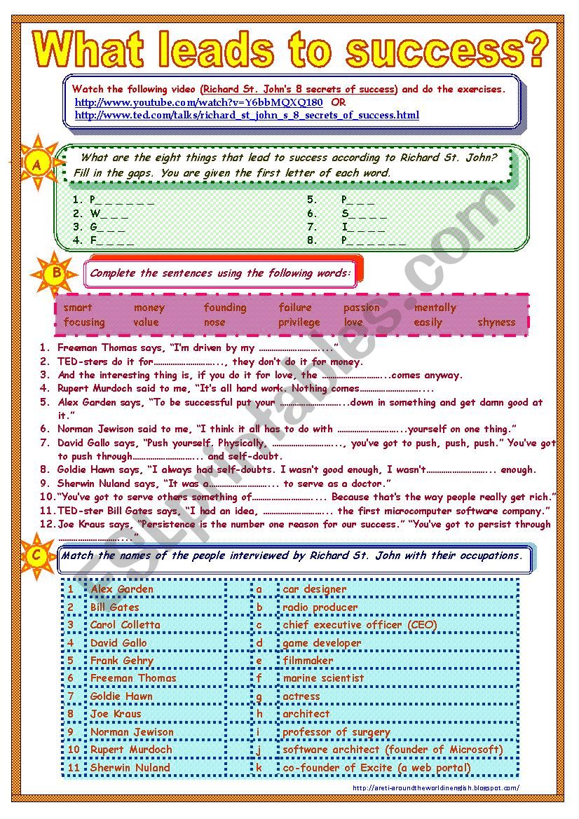 The 8 secrets of success (B & W copy + Answer Key)