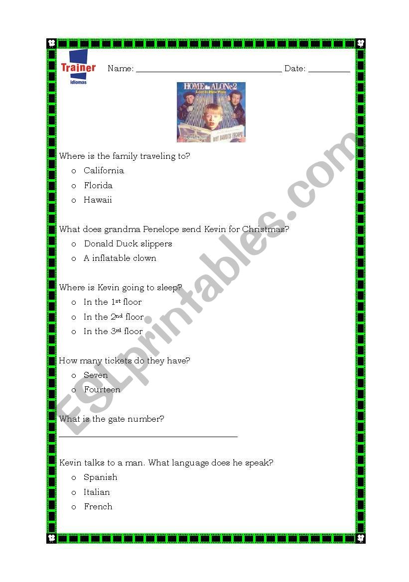 Home Alone 2 worksheet