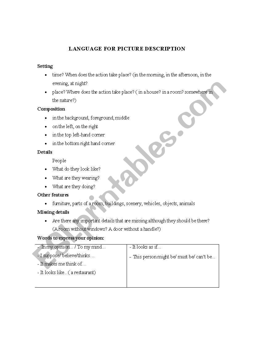 Language for description worksheet