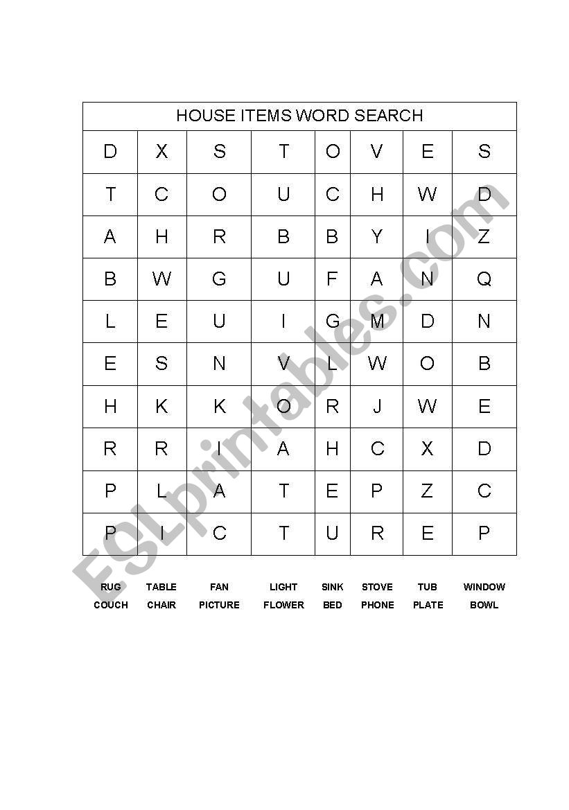 ITEMS USED IN THE HOME WORD SEARCH