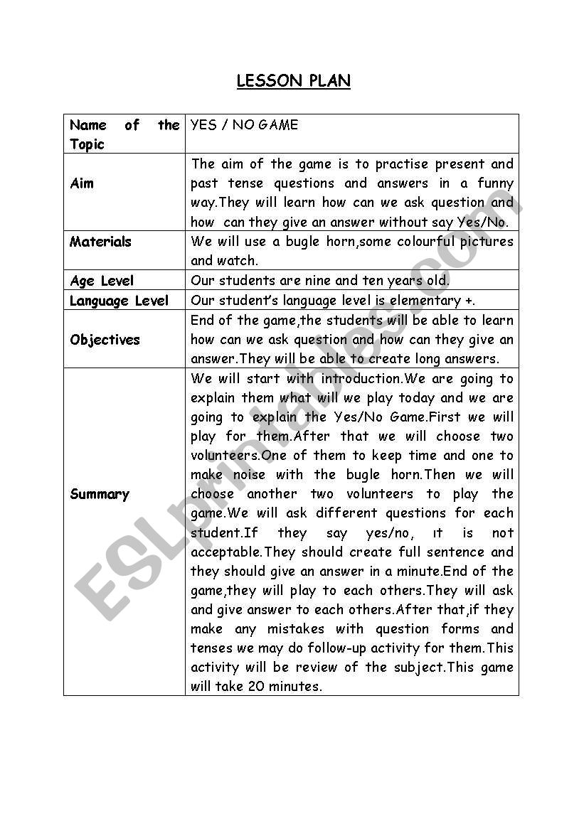 yes no worksheet