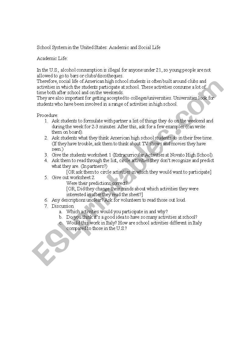 High School in the U.S. worksheet