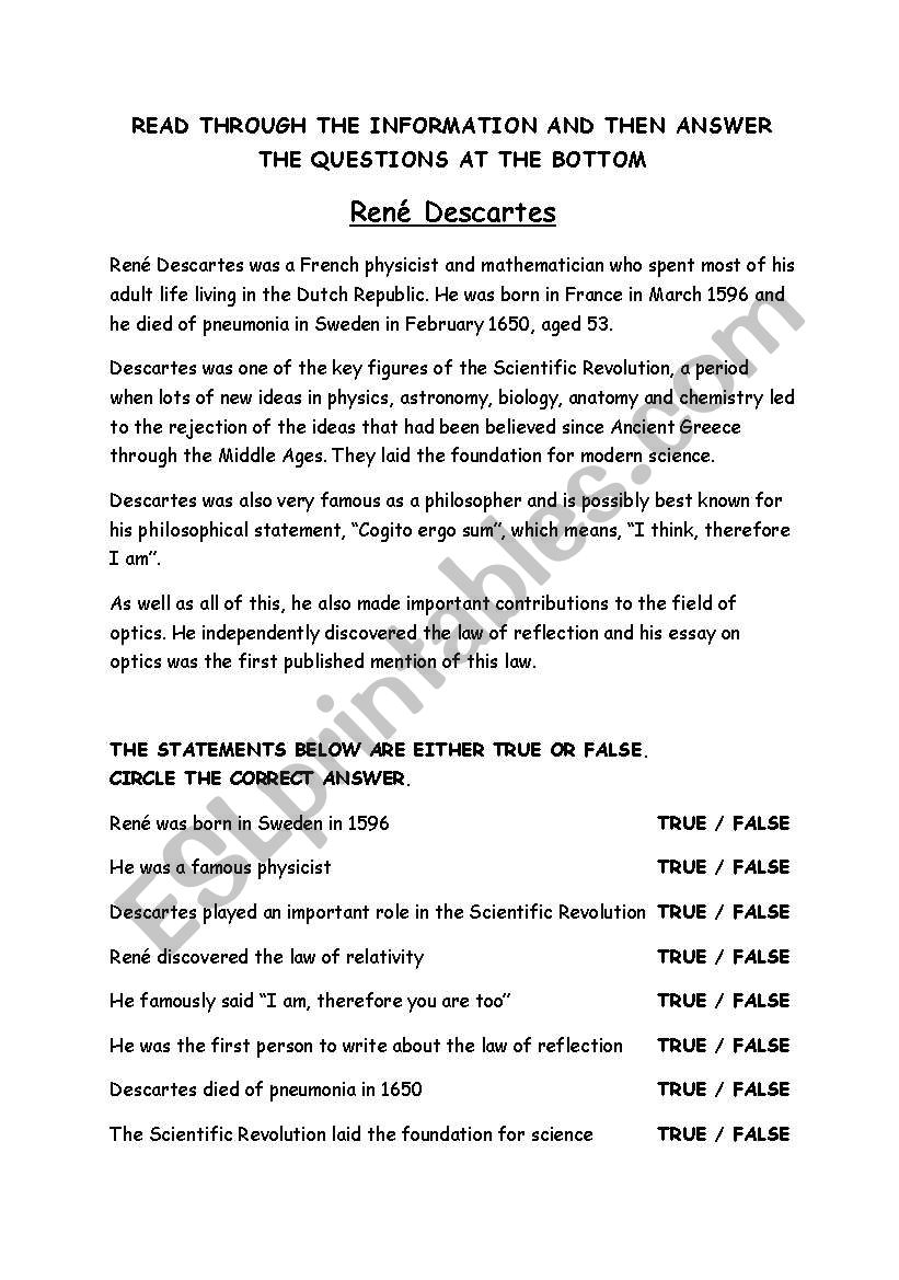Rene Descartes Literacy worksheet