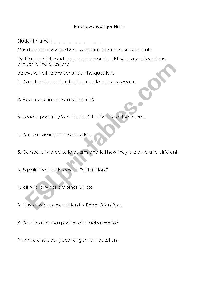 Poetry Scavenger Hunt worksheet