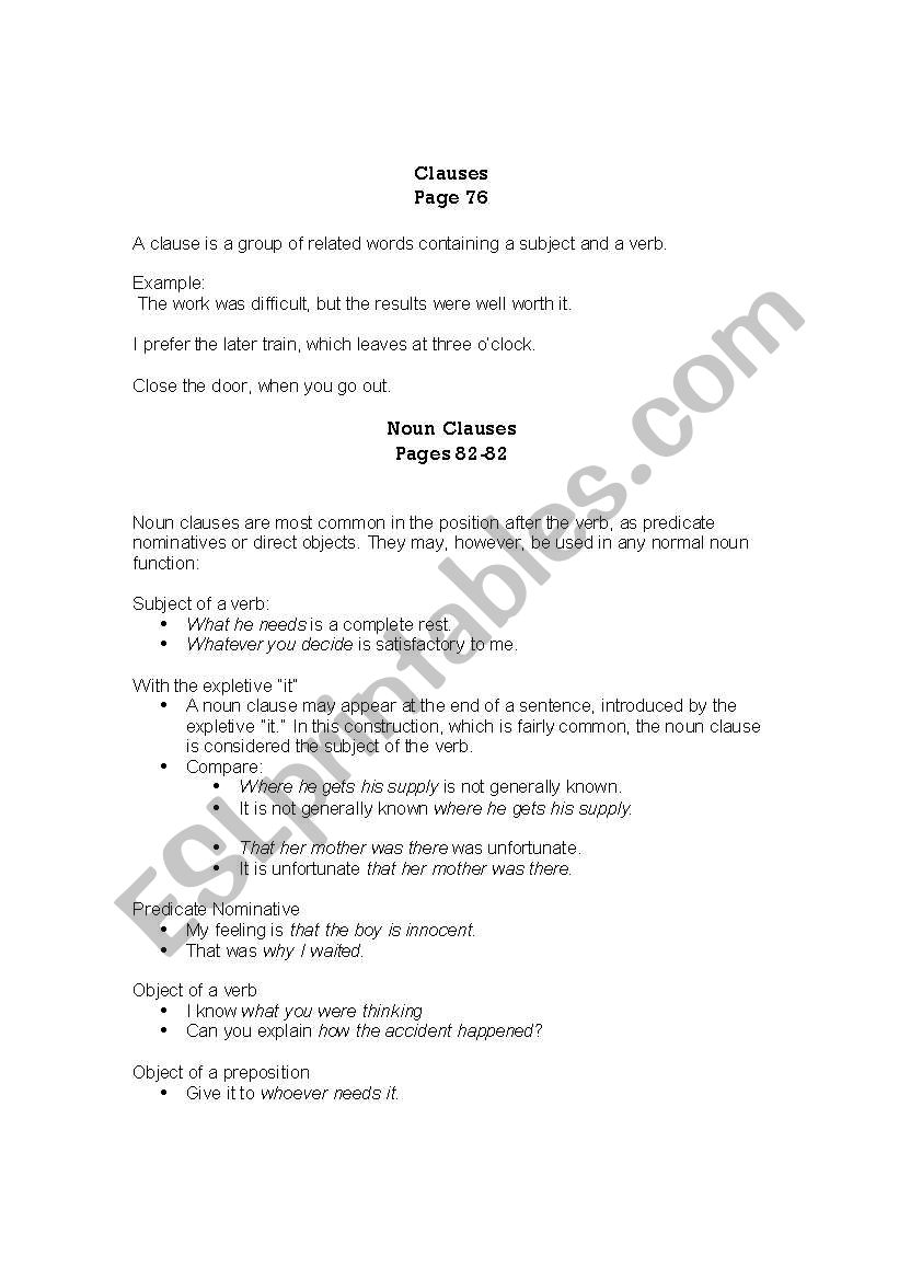 Noun Clauses worksheet