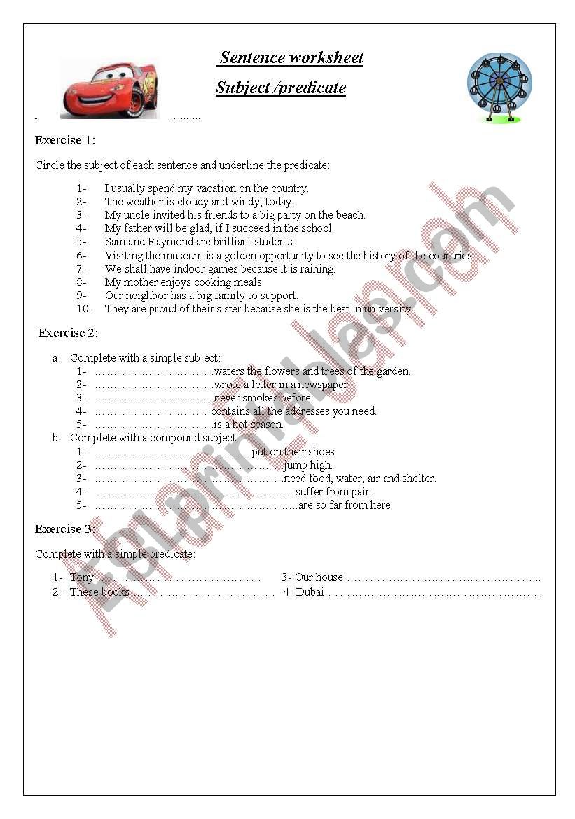 sentence: subject/predicate worksheet