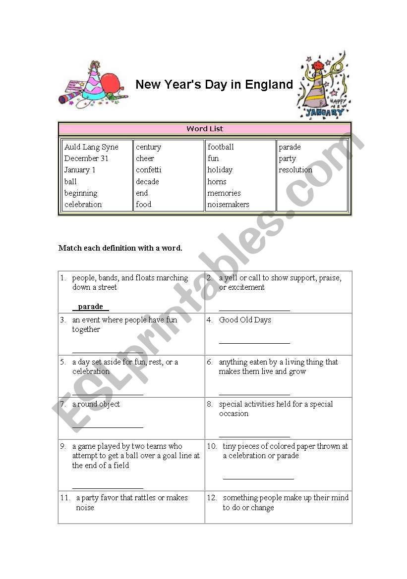 New Years Day in England worksheet