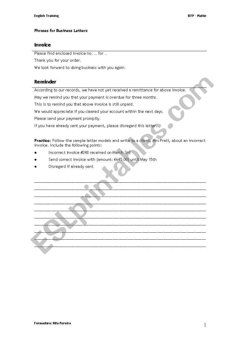 Phrases for business letters worksheet