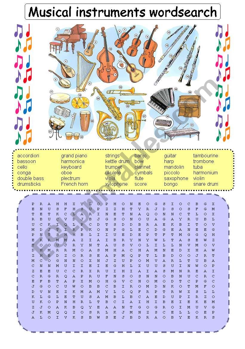 Musical instruments wordsearch (plus b&w version and key)