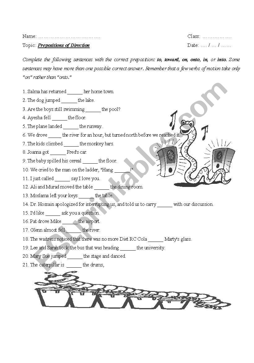 prepositions of directions  worksheet