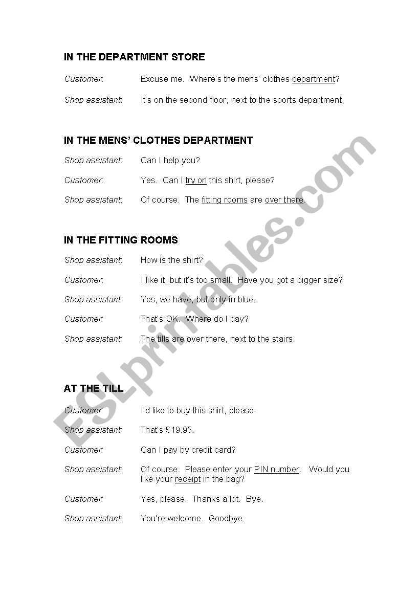 Department store dialogue worksheet