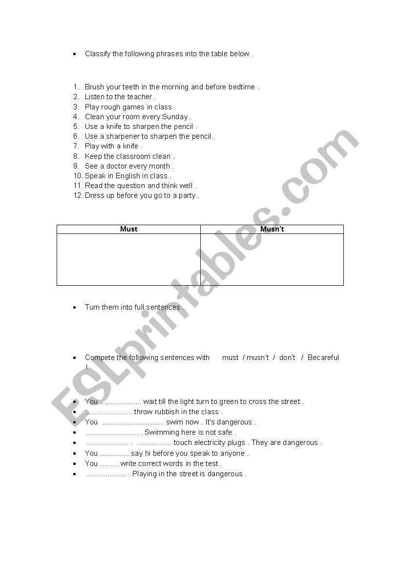 Obligation vs. prohibition worksheet