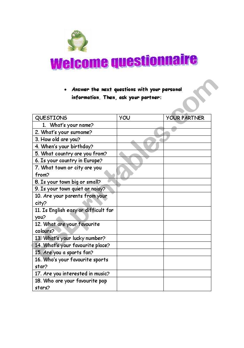 welcome questionnaire  worksheet