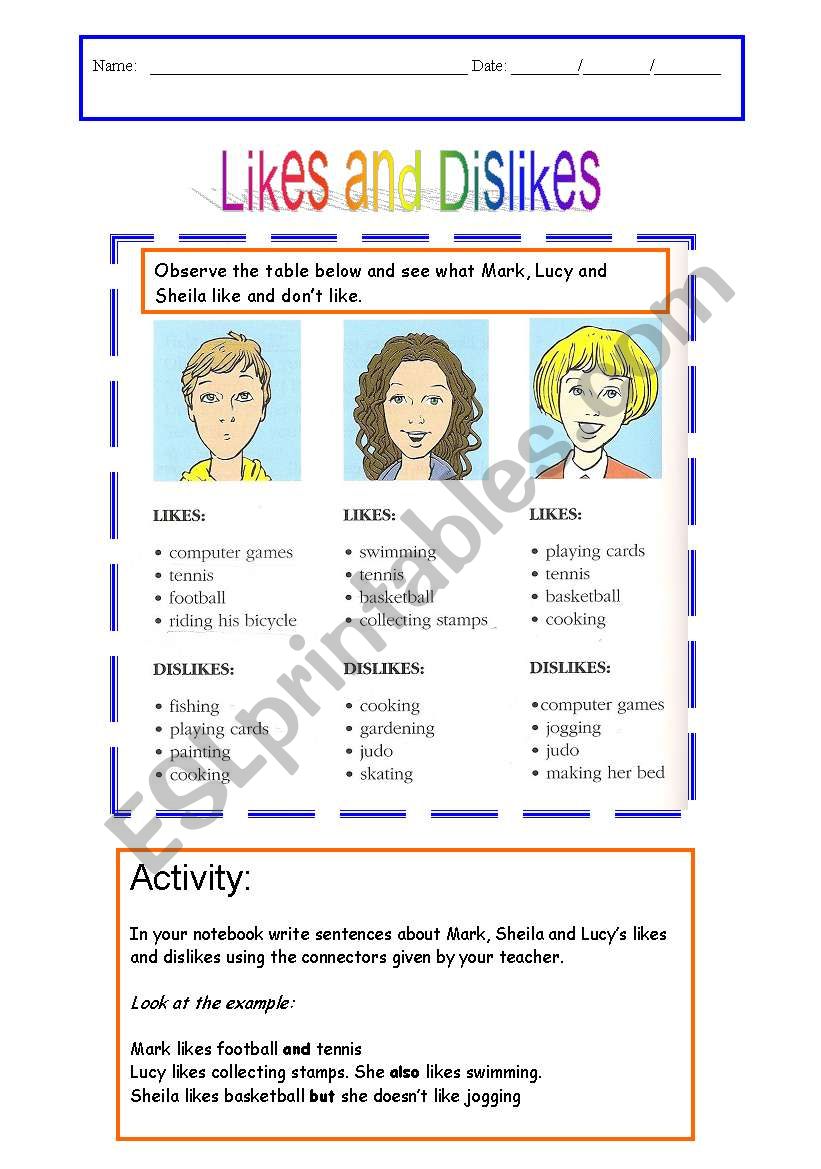 Likes and Dislikes worksheet