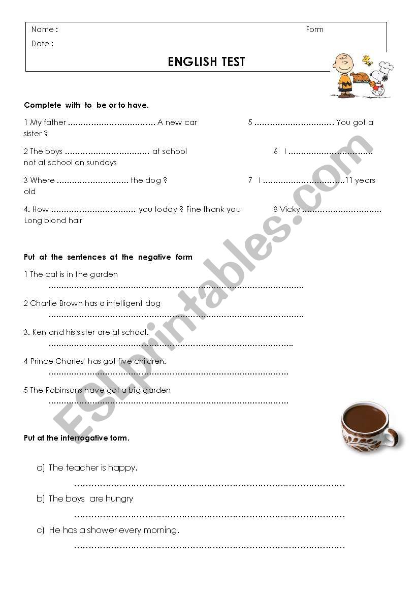 Test on To be to have worksheet