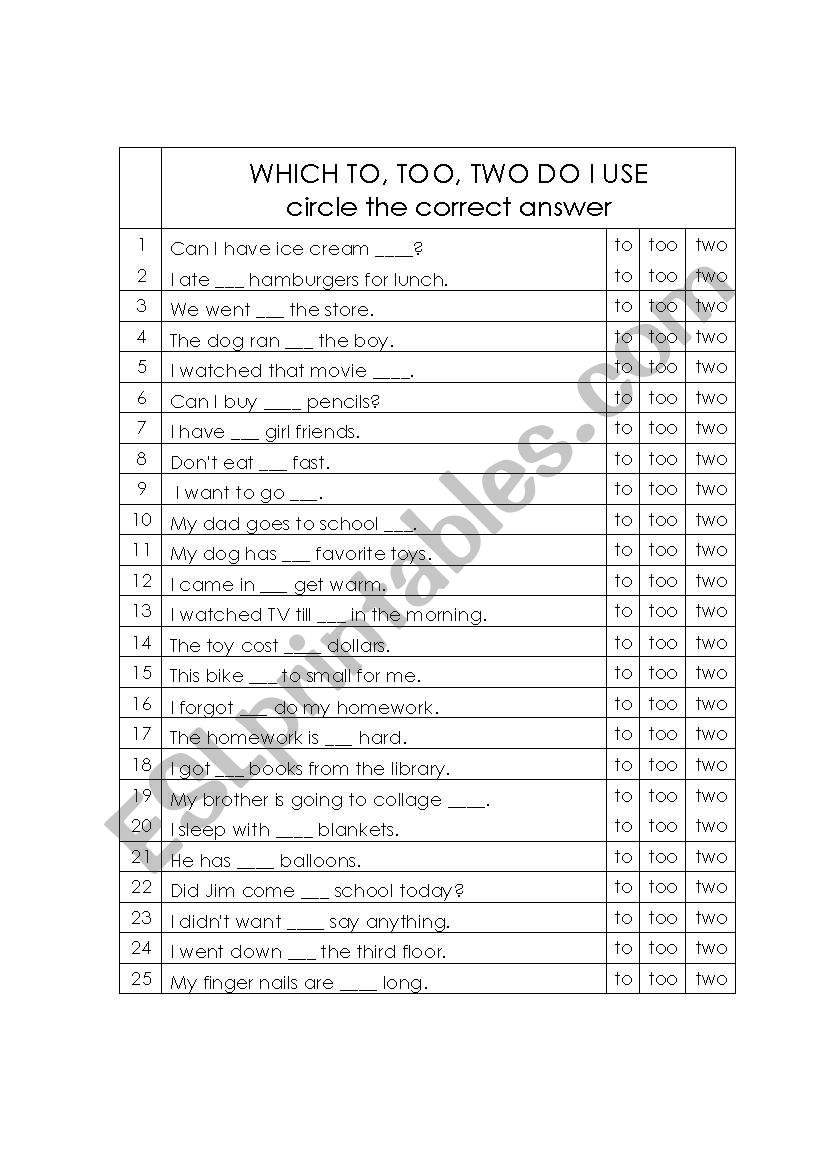 Which to, too, two do I use worksheet