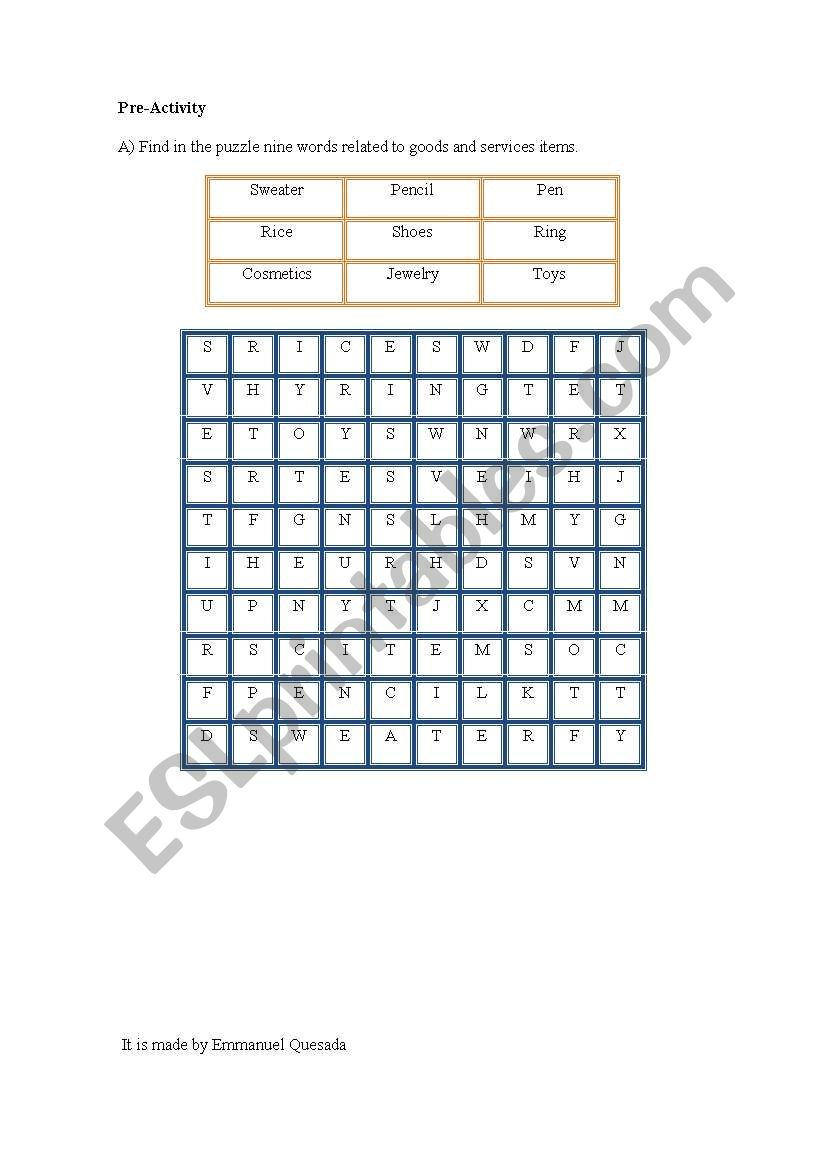 Goods and services  worksheet