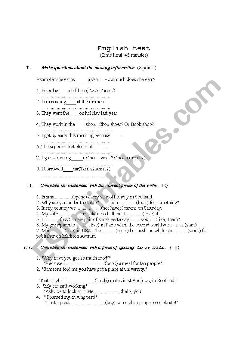 English test worksheet