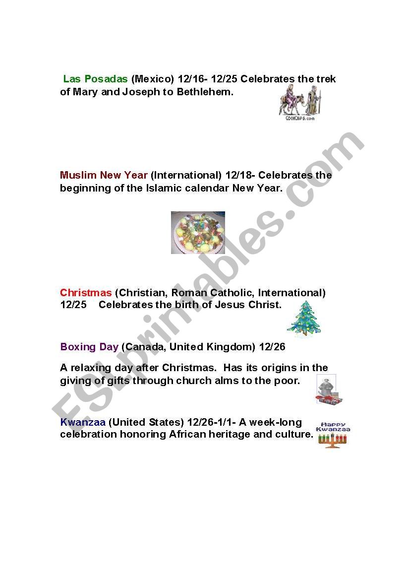 December Celebrations Around the World 2/2 (Contains another reading sheet and a worksheet.)