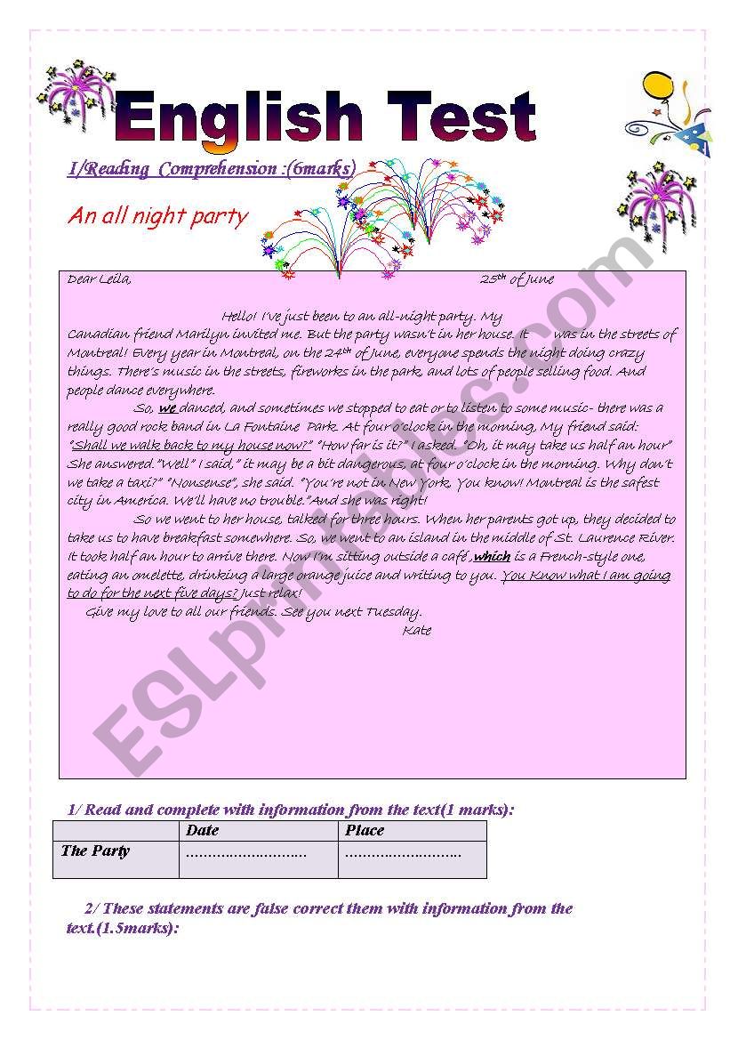 English test(3 parts): Reading comprehension/Grammar+Vocabulary/Writing