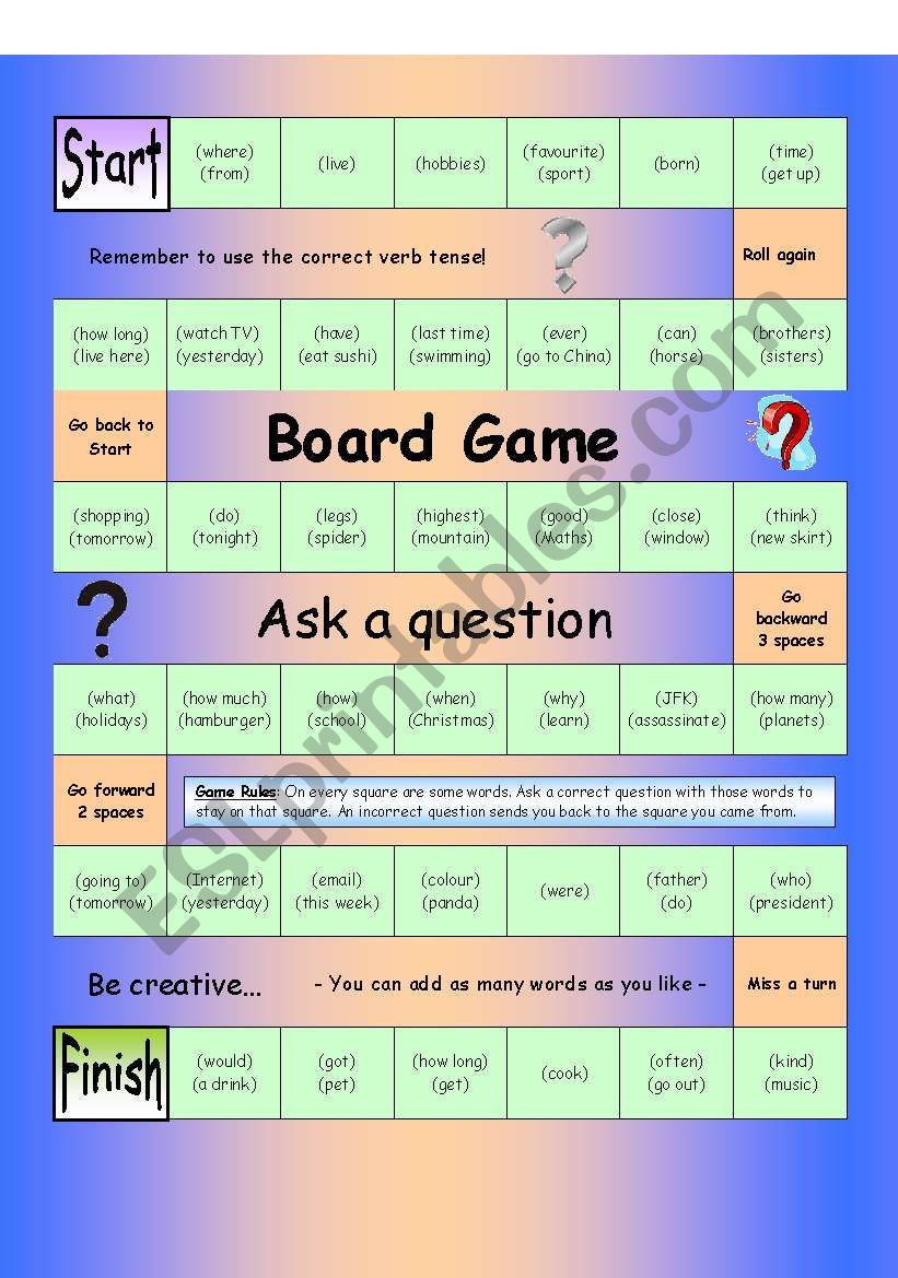 Board Game - Ask a Question (Medium) - ESL worksheet by PhilipR