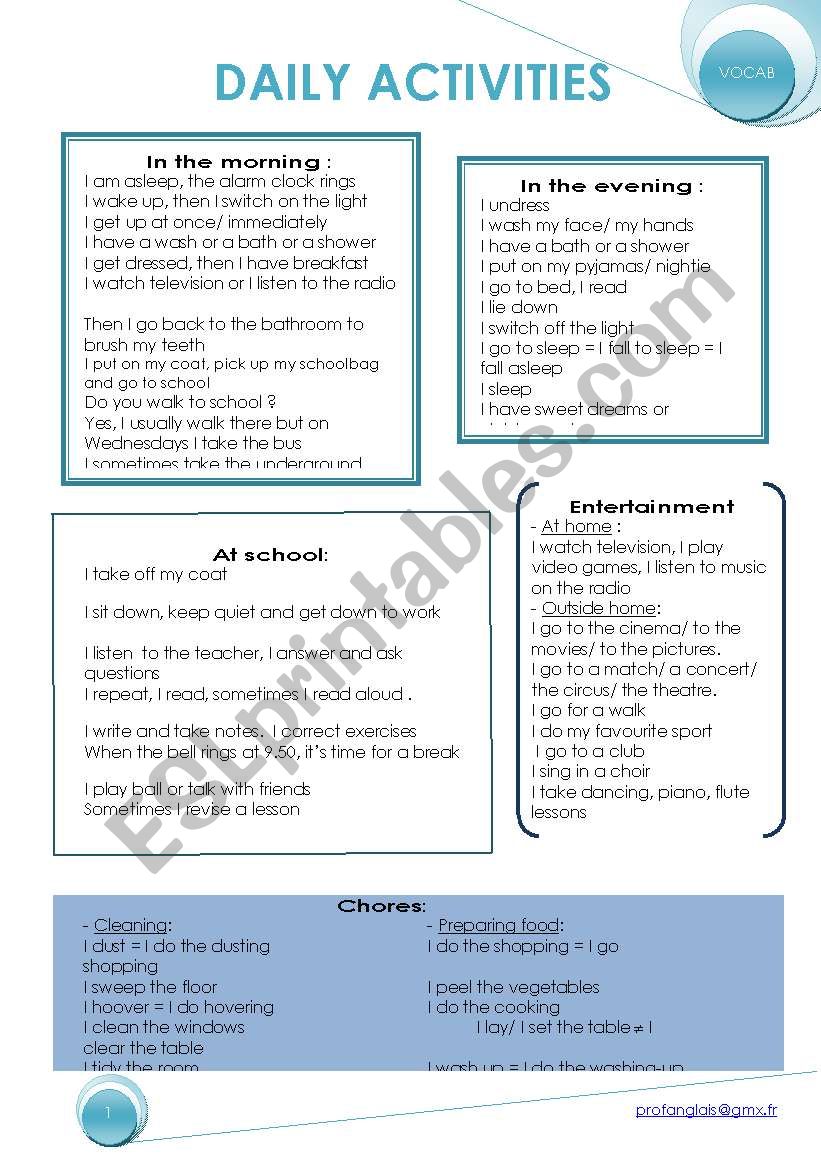 daily activities worksheet