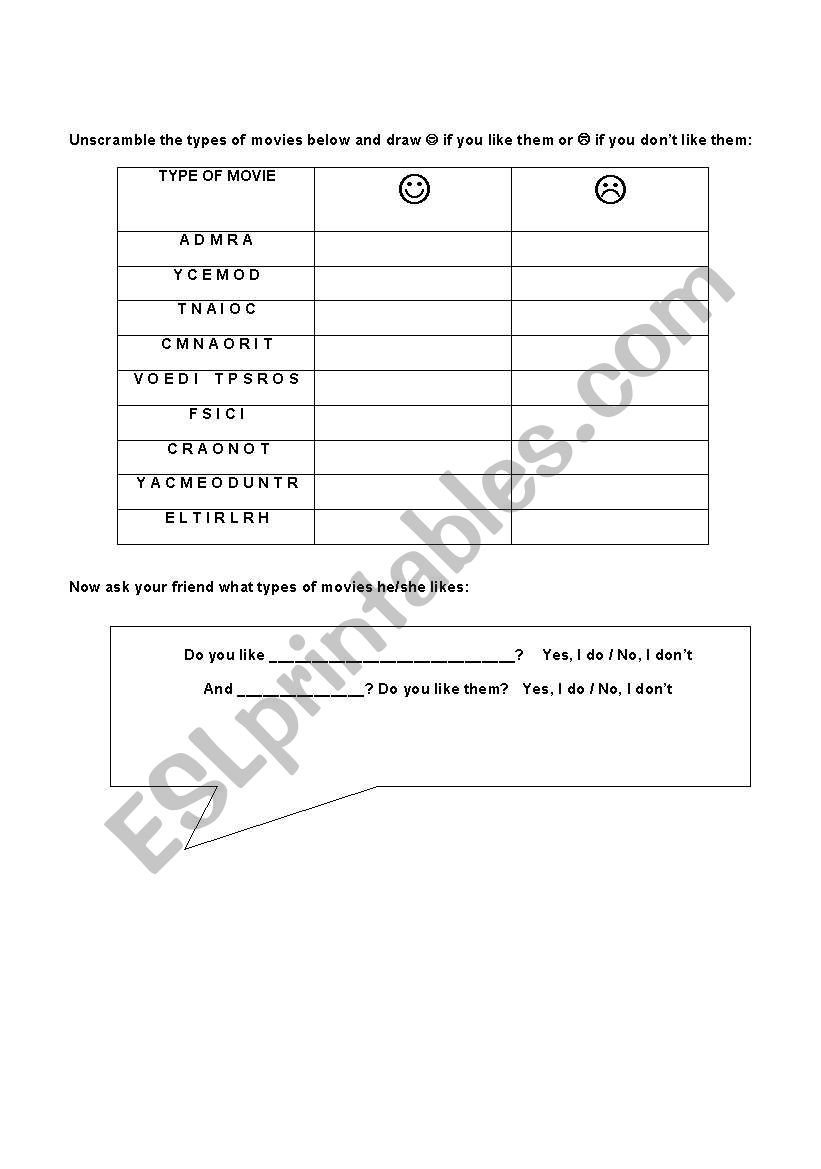 Like/Dont like + unscrambling types of movies