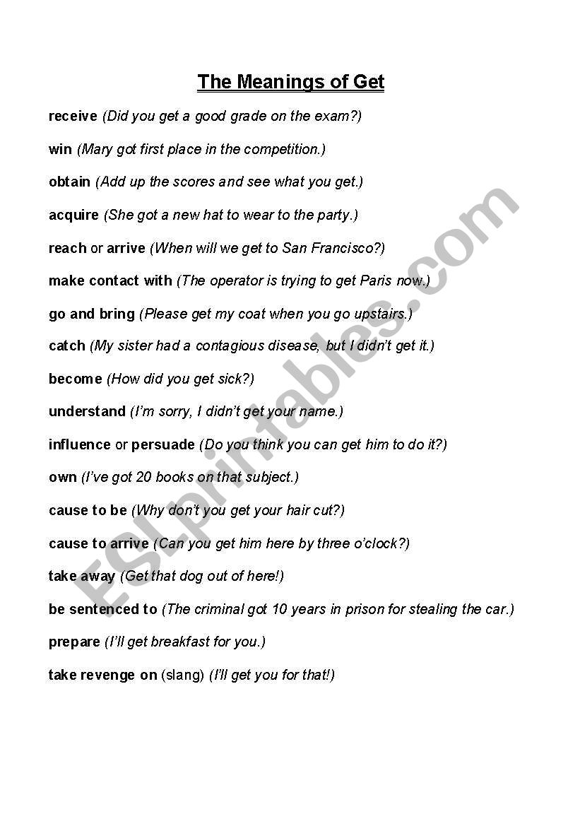 The Many Meanings of GET worksheet The Many Meanings of GET worksheet