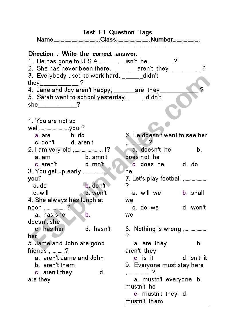 question taq worksheet