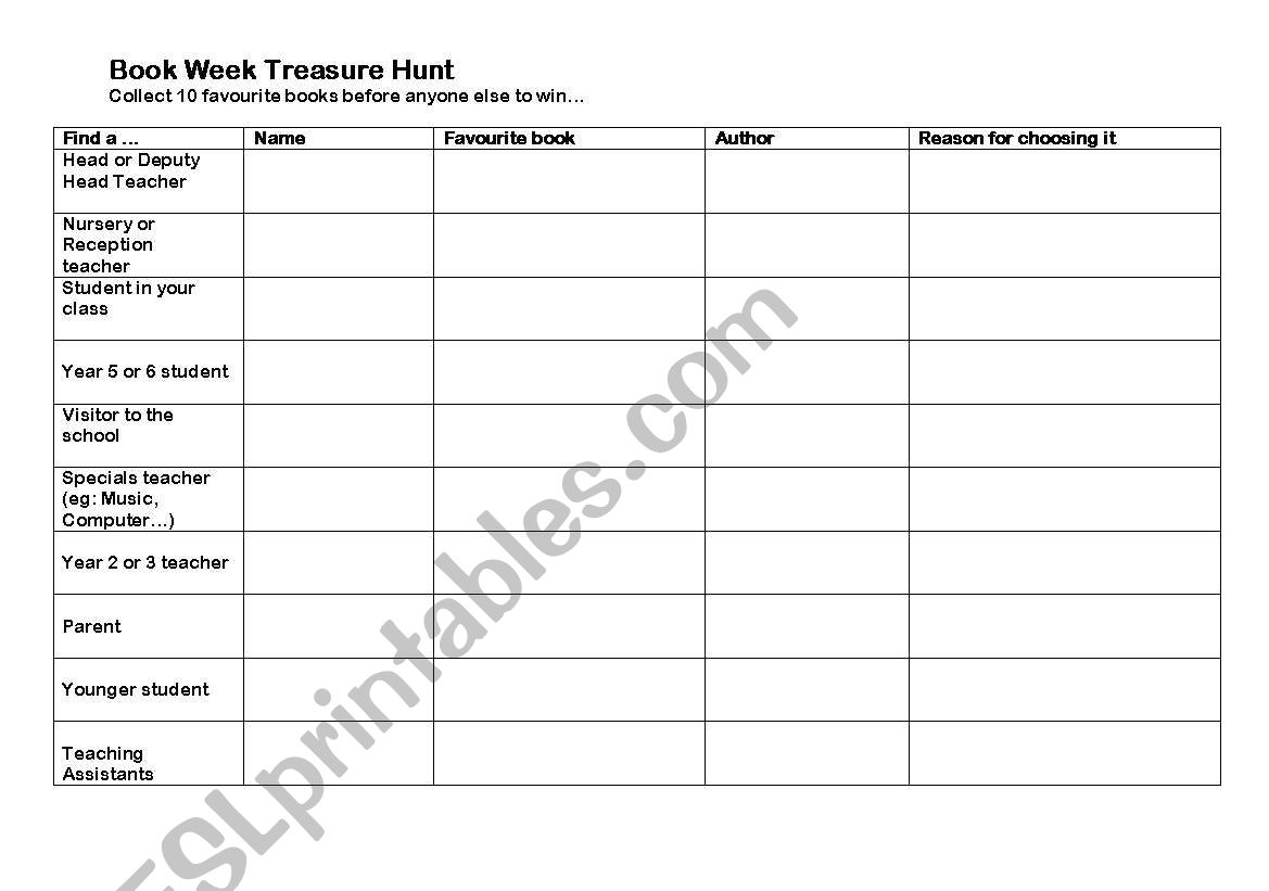 Book Hunt worksheet