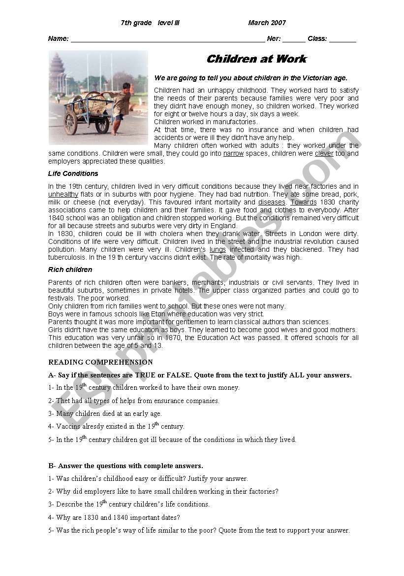 test on child labour worksheet