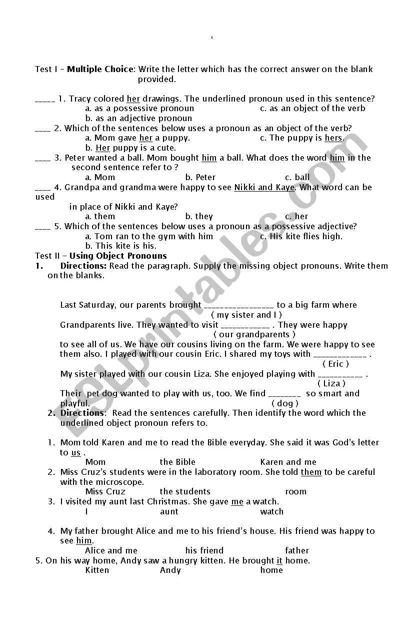 Grammar - all about pronouns worksheet