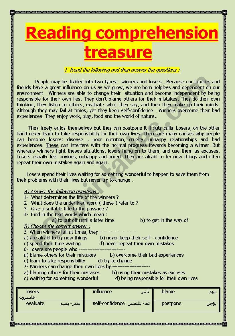 Reading comprehension treassure booklet (20 passages)
