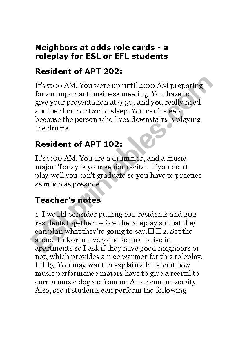 role play between neighbors worksheet